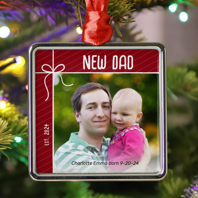 Ornement Carré Argenté Nouveau papa et bébé photo de Noël (Créateur téléchargé)