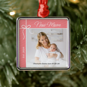 Ornement Carré Argenté Nouvelle maman et bébé photo de Noël