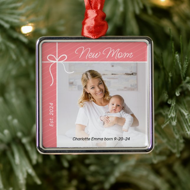 Ornement Carré Argenté Nouvelle maman et bébé photo de Noël (Arbre)