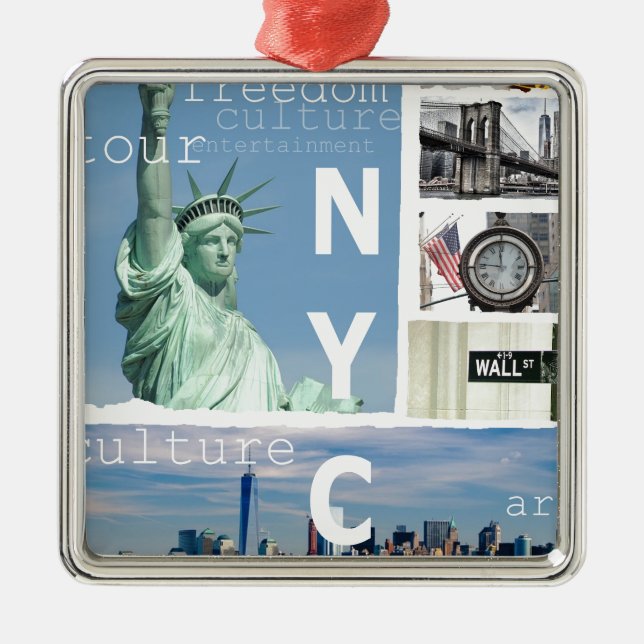 Ornement Carré Argenté Nyc Yellow Taxi Manhattan Brooklyn Bridge Liberty (Devant)