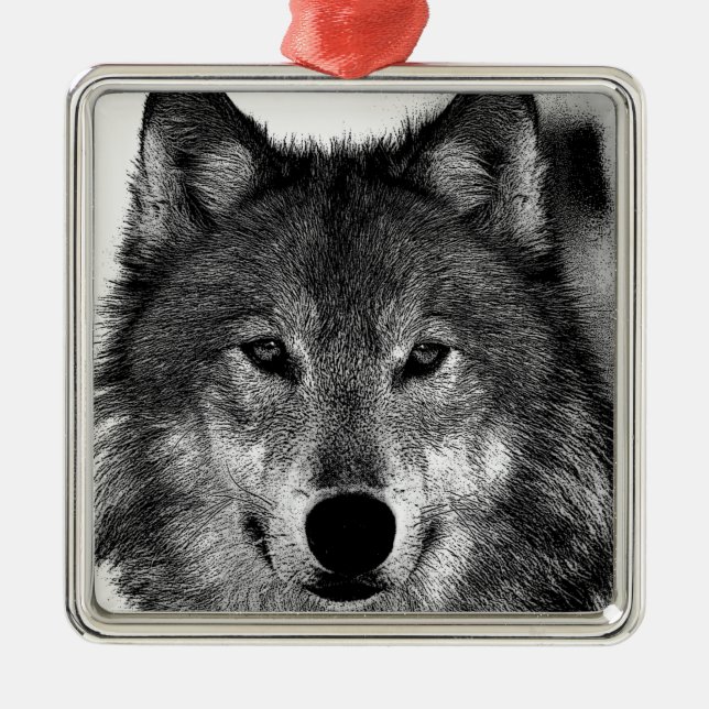 Ornement Carré Argenté Oeuvre de Loup noir et blanc (Devant)