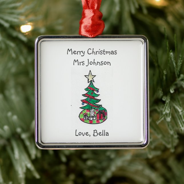 Ornement Carré Argenté Oeuvre d'enfant personnalisée Maître Noël (Arbre)