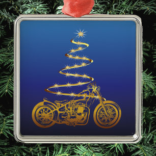 Ornement Carré Argenté or et bleu de l'arbre de Noël de moto