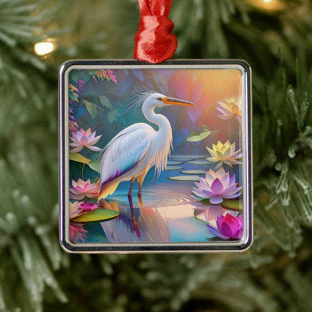 Ornement Carré Argenté Orange Billed White Heron Imaginaire Bird (Arbre)