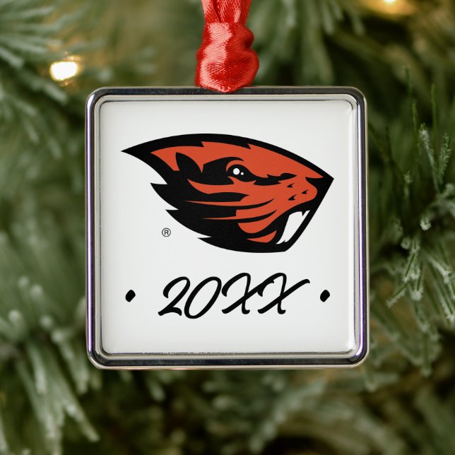 Ornement Carré Argenté Oregon State Beavers | Tête de castor (Arbre)