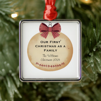 Ornement Carré Argenté Our First Christmas as a Family 2025 Watercolor