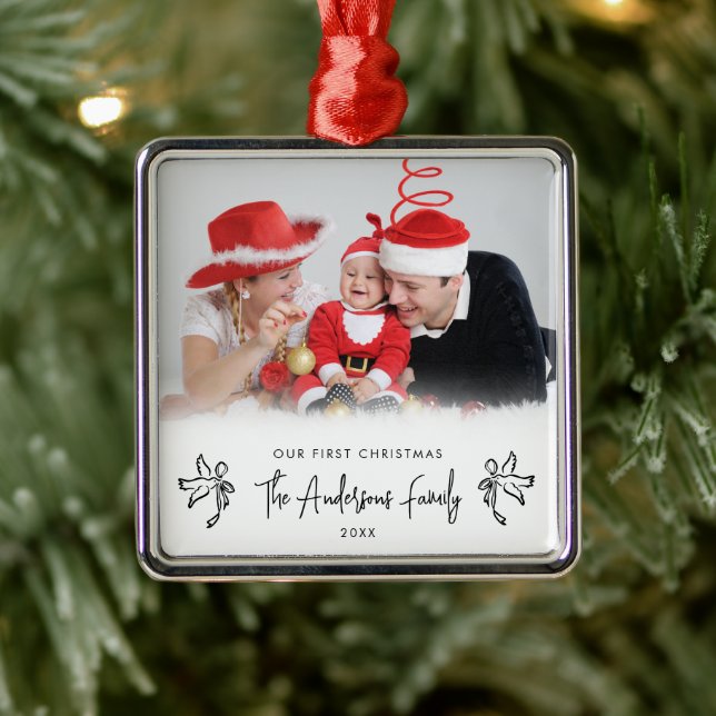 Ornement Carré Argenté Our First Christmas New Parent Baby's Photo (Arbre)