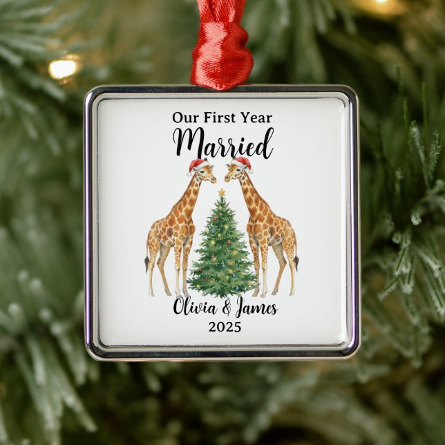 Ornement Carré Argenté Our First Year Married Goose Custom Christmas (Arbre)