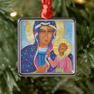Ornement Carré Argenté Our Lady of Czestochowa Black Madonna Poland Metal