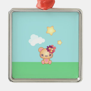 Ornement Carré Argenté Ours de Kawaii