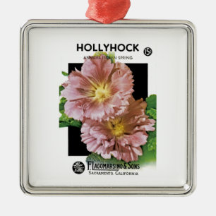 Ornement Carré Argenté Packet Vintage de semences Hollyhock