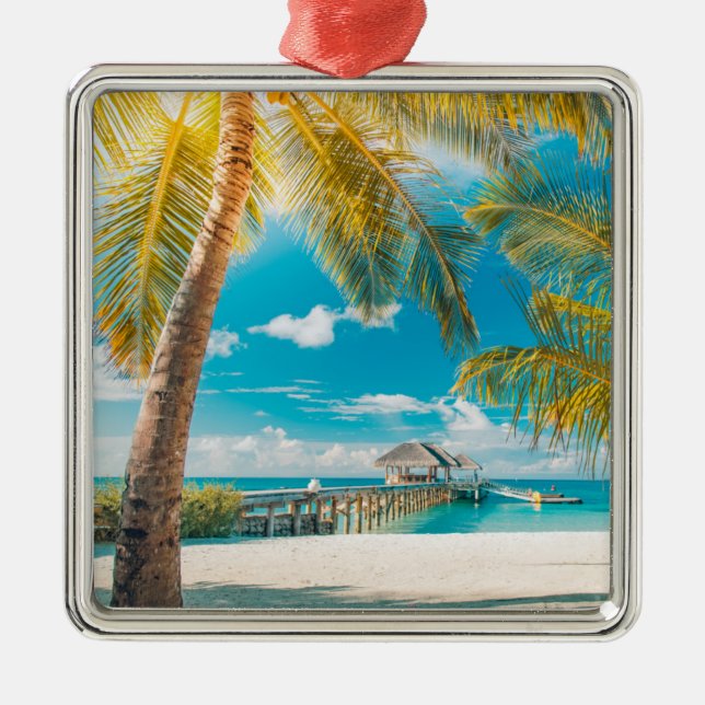 Ornement Carré Argenté Palmiers sur un beau coucher du soleil (Devant)