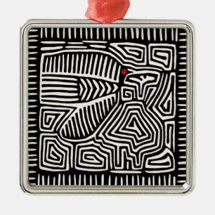 Ornement Carré Argenté Panama Kuna Indien Mola Pajaro - Noir Blanc
