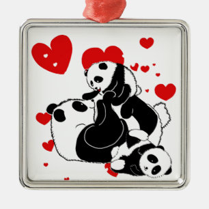 Ornement Carré Argenté pandas "ours de panda" "bébé de panda bear" "kawai