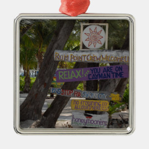 Ornement Carré Argenté Panneau de signalisation Rum Point Grand Cayman