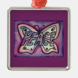 Ornement Carré Argenté Papillon de la paix Word Art Cadeau de vacances