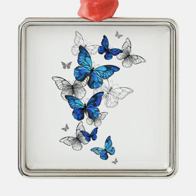 Ornement Carré Argenté Papillons volants bleus Morpho (Devant)