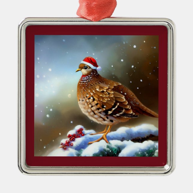 Ornement Carré Argenté Partridge de Noël 2 (Devant)