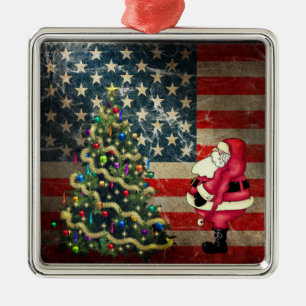 Ornement Carré Argenté Patriotic American Flag, Santa and Christmas Tree