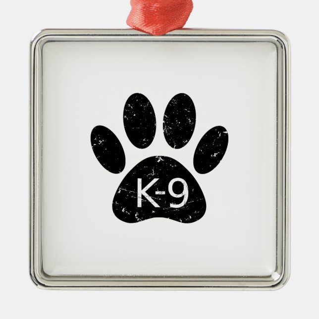 Ornement Carré Argenté Paw Chien en Perdu Grunge K-9 (Devant)
