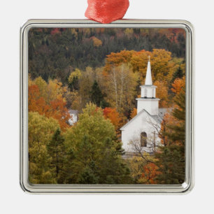 Ornement Carré Argenté Paysage d'automne avec église, Vermont, États-Unis