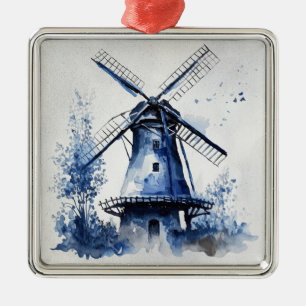Ornement Carré Argenté Paysage de style Delft bleu et blanc avec moulin à