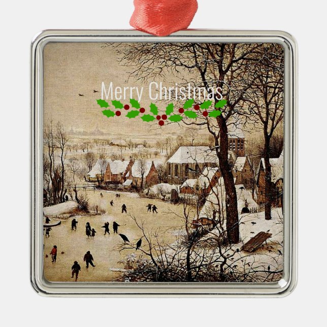 Ornement Carré Argenté Paysage d'hiver par Pieter Bruegel l'Ancien, (Devant)