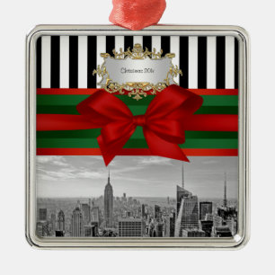 Ornement Carré Argenté Paysage urbain de NYC Emp St Bldg Xmas Blk Wht Str