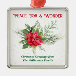 Ornement Carré Argenté Peace Joy & Wonder Red Poinsettia Christmas
