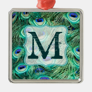 Ornement Carré Argenté Peacock Bird Feather Tea Monogramme Organisation i