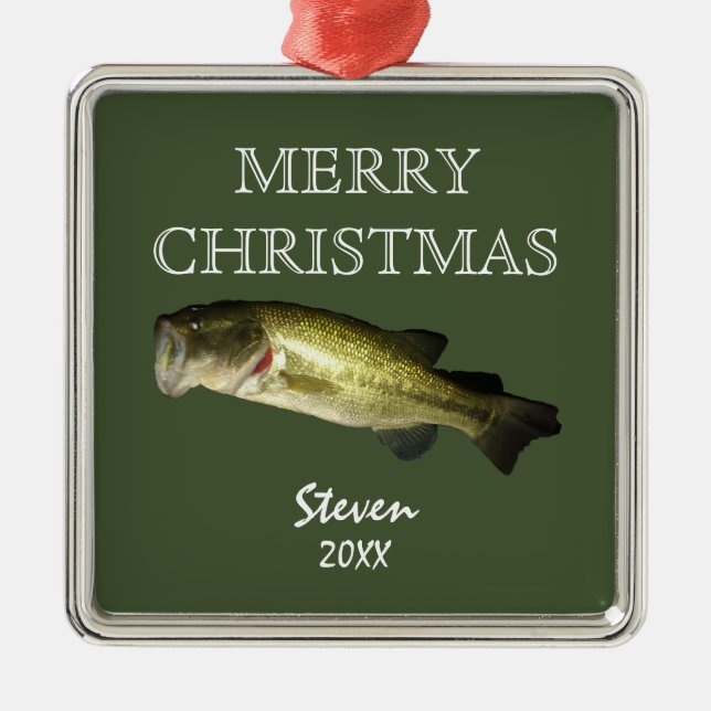 Ornement Carré Argenté Pêche au bar Joyeux Noël personnalisé Année (Devant)