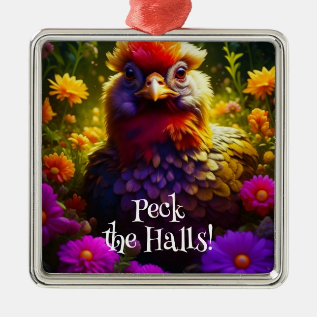 Ornement Carré Argenté Peck Halls Chicken Pun | Christmas Hen (Devant)