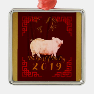 Ornement Carré Argenté Peinture Bambou Chinois Frame Cochon Année 2019 Ca