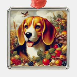 Ornement Carré Argenté Peinture de chiot Beagle vintage