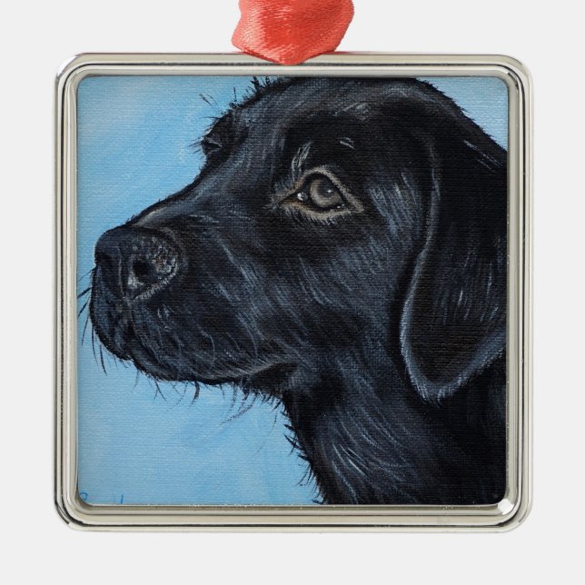 Ornement Carré Argenté Peinture de chiot du Labrador noir (Devant)