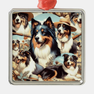 Ornement Carré Argenté Peinture rétro Australian Shepherd sans couture