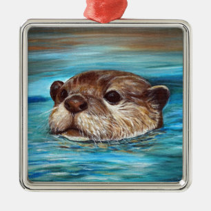Ornement Carré Argenté Peinture sur la loutre de rivière