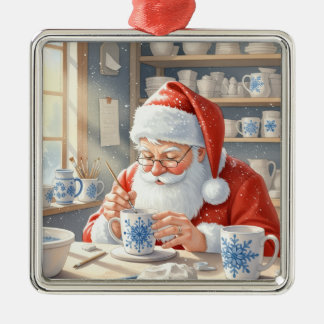 Ornement Carré Argenté Peinture sur poterie Père Noël
