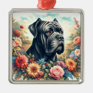 Ornement Carré Argenté Peinture vintage de chien de corse de canne