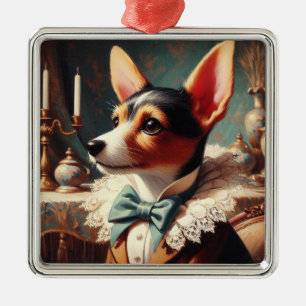 Ornement Carré Argenté Peinture vintage Toy Fox Terrier