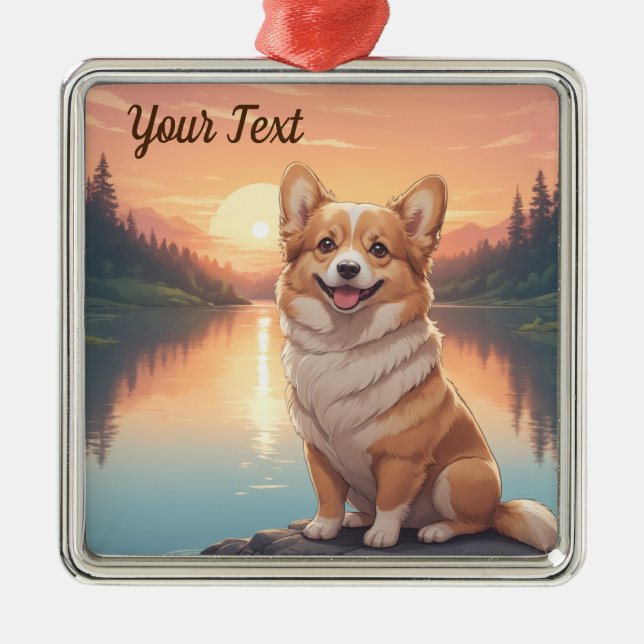 Ornement Carré Argenté Pembroke Welsh Corgi par lac (Devant)
