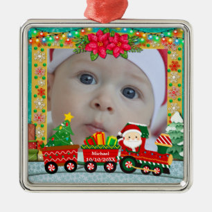 Ornement Carré Argenté Père Noël dans un train avec des cadeaux et un sap