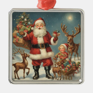 Ornement Carré Argenté Père Noël de Noël Vintage avec rennes et présentat