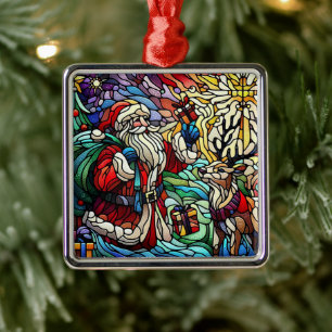 Ornement Carré Argenté Père Noël en verre satiné majestueux et rennes