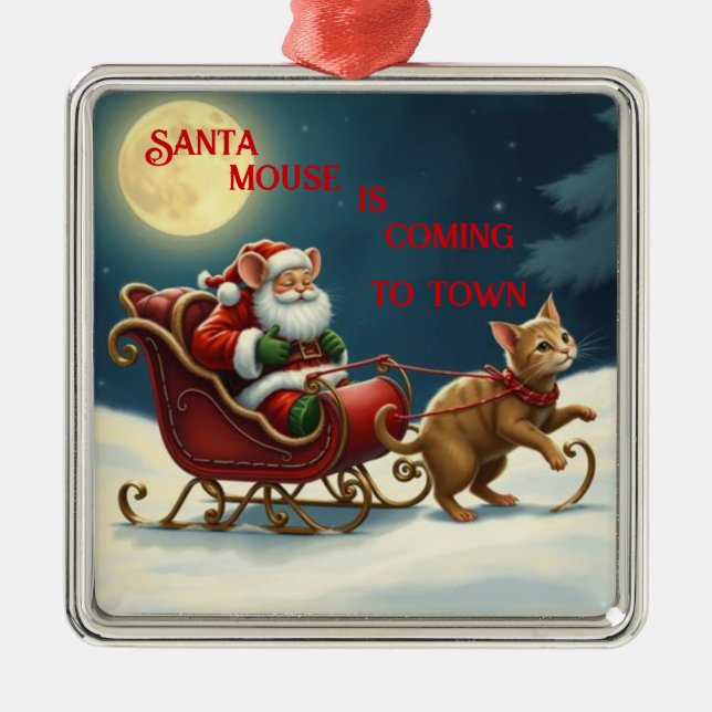 Ornement Carré Argenté Père Noël Mouse Arrive En Ville (Devant)