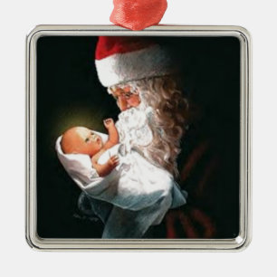 Ornement Carré Argenté Père Noël tenant le bébé Jésus