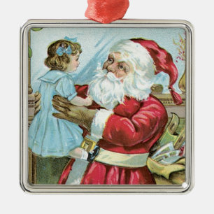 Ornement Carré Argenté Père Noël vintage avec enfant - carré
