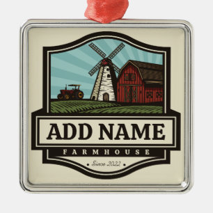 Ornement Carré Argenté Personalized NAME Rustic Farmhouse Old Windmill 