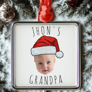 Ornement Carré Argenté Personnalisé Visage bébé Père Noël Chapeau Photo d