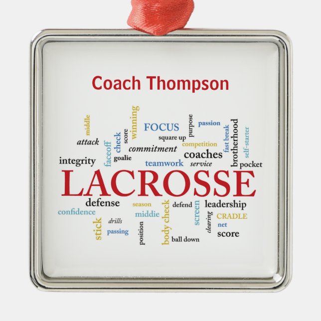 Ornement Carré Argenté Personnaliser Nom Lacrosse Coach Merci Mots (Devant)